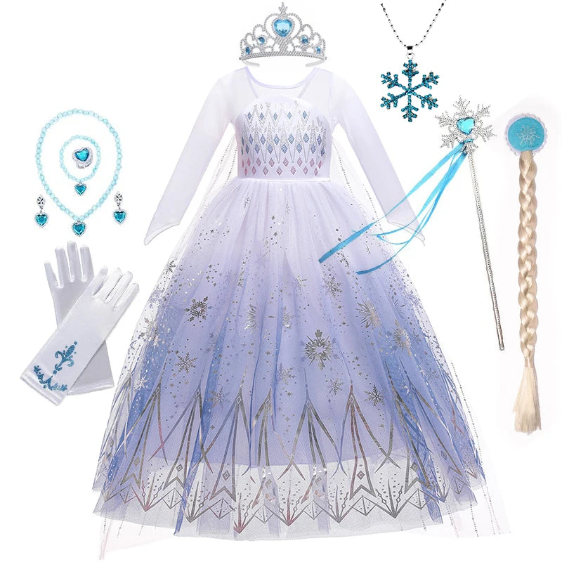 Birthday Kid Girls Cosplay White Elsa Mesh Costumes Snow Queen Elsa Princess Long Dress Halloween Party Carnival Clothes Vestido