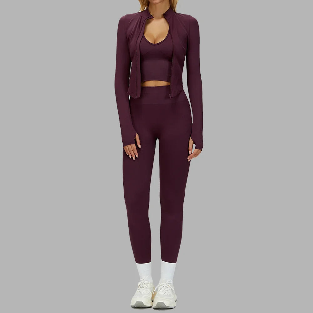 Seamless Yoga Set 3PCS Women Sportswear Workout Clothes Athletic Wear Gym Legging Fitness Bra Crop Top Long Sleeve Sports Suits