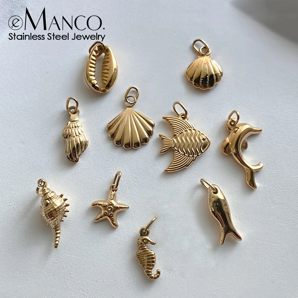 EMANCO Fashion Marine Animals Charms Shell Fish Tail Hippocampus Japonicus Stainless Steel Pendants for Jewelry Making Bulk