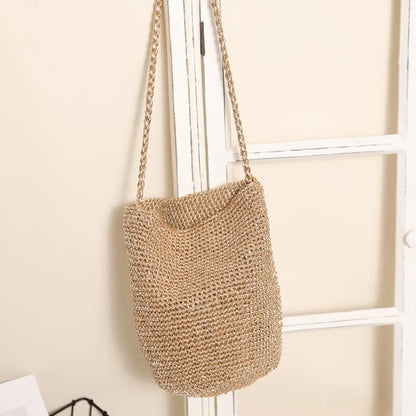 New Large Capacity Handwoven Bucket Bag Solid Color Boho Metal Line Bucket Bag Straw Design Handmade Crossbody Bag Gifts