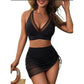 2025New Year's Fashion Swimwear Solid Color Sexy Mesh Patchwork Drawstring Two-Piece Swimsuit