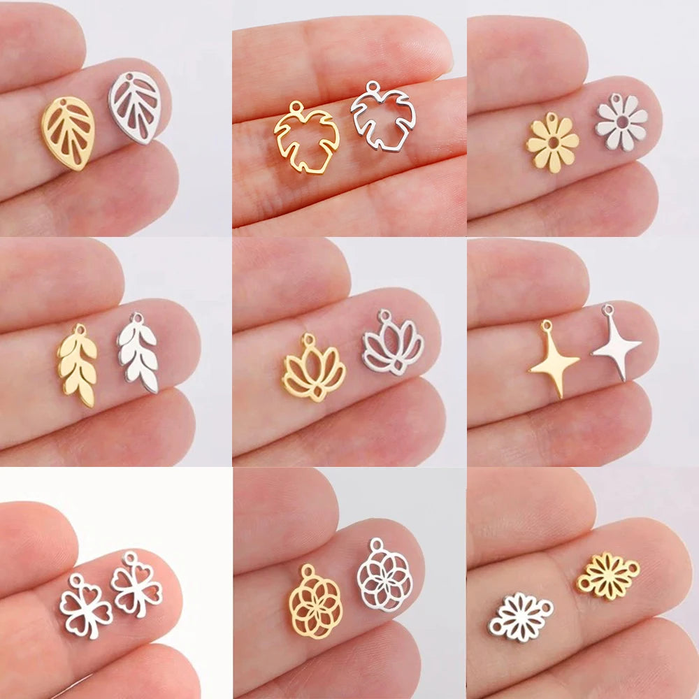 EUEAVAN 5pcs Stainless Steel Charms for Jewelry Making Leaves Lotus Flower Star Pendant Mini Charm Necklace Bracelet DIY Gifts
