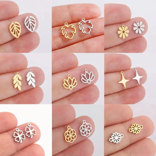 EUEAVAN 5pcs Stainless Steel Charms for Jewelry Making Leaves Lotus Flower Star Pendant Mini Charm Necklace Bracelet DIY Gifts