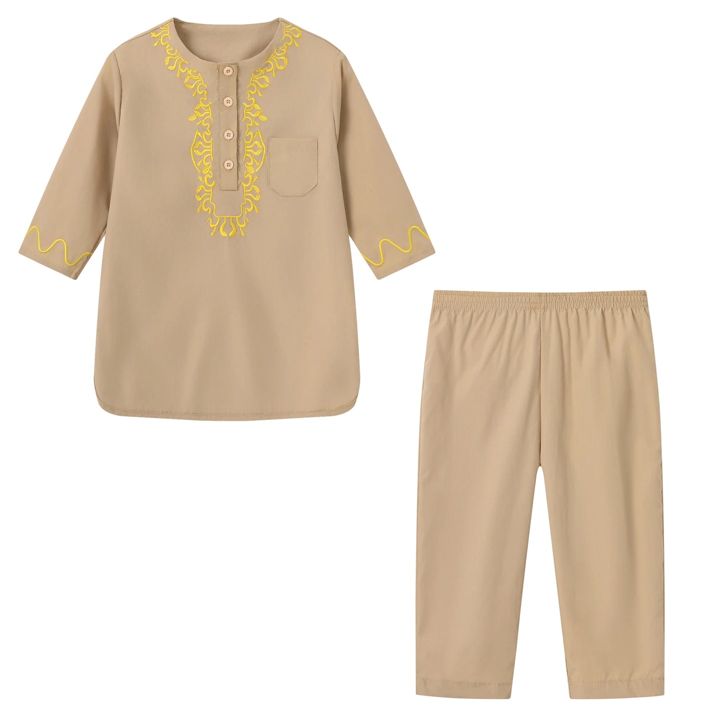 Autumn New Middle Eastern Button Round Tie Pocket Robe Set with Arabic Embroidery Pattern for Middle Eastern Children