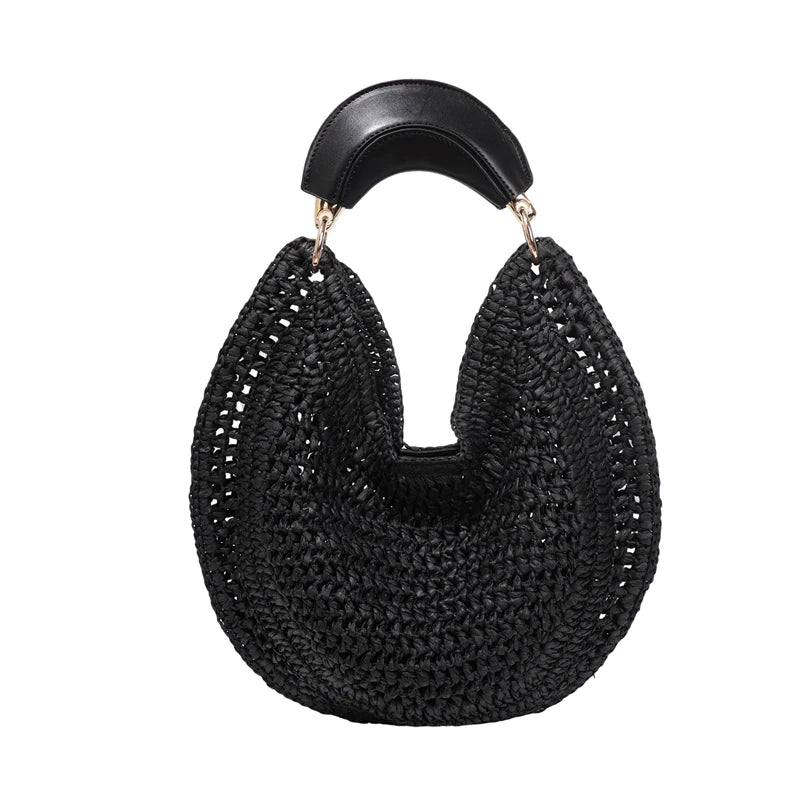 Boho Handwoven Straw Hobo Tote Bag Women Crescent Moon Shape Top Handle Basket Purse Summer Hollow Out Woven Handbag