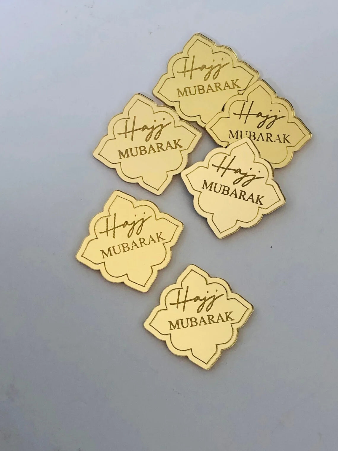 10pcs Hajj Mubarak Engraved Acrylic Cake Charm Mirrored Acrylic Cupcake Topper for Muslim Islamic Eid Al Adha Dinner Table Decor