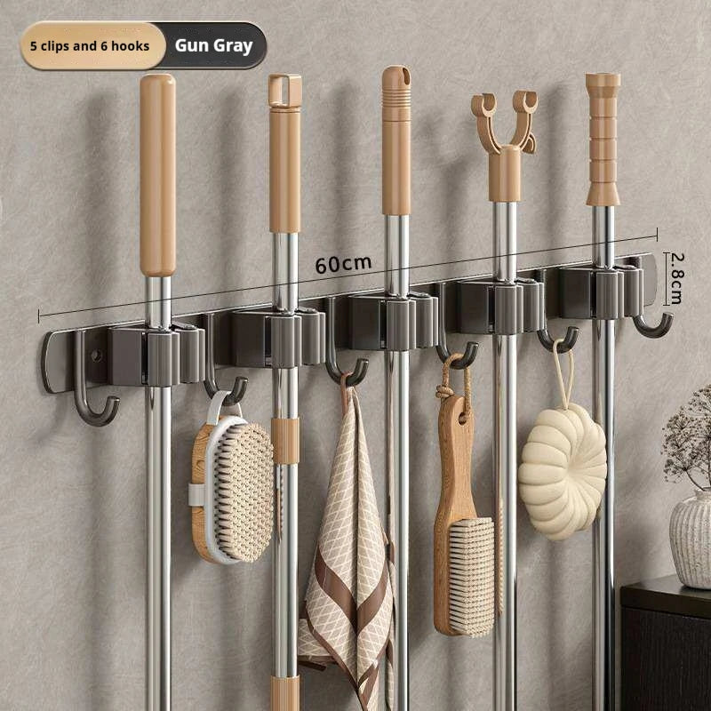 Stainless Steel Mop Broom Holder Wall Mounted No-Drilling Self Adhesive Heavy Duty Utility Storage Rack Garage Garden Organizer