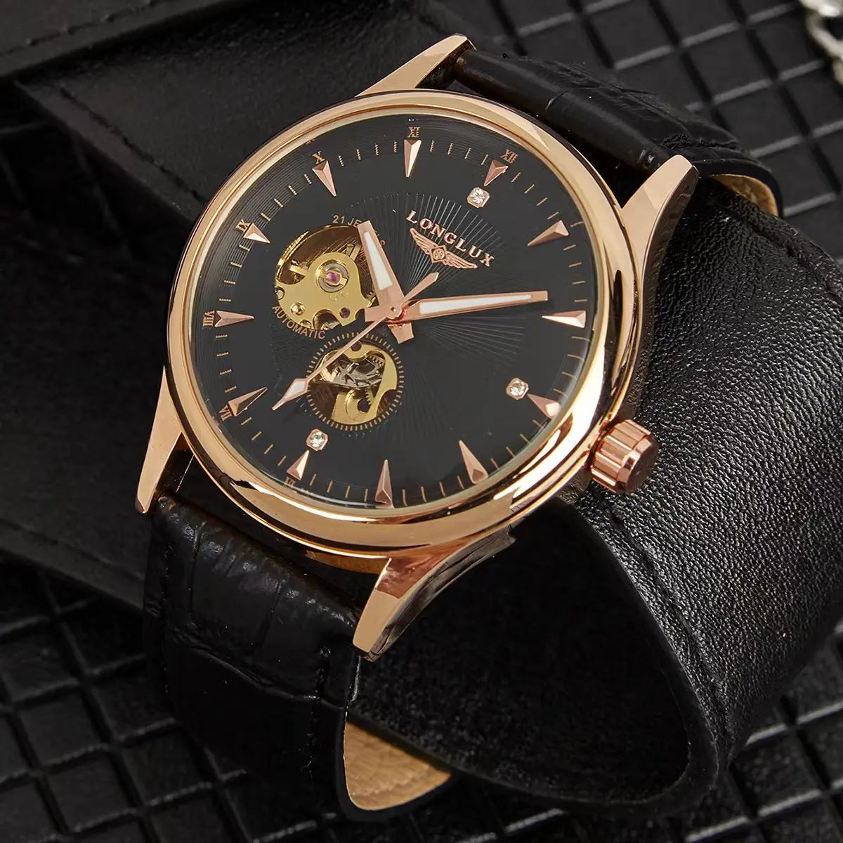 LONGLUX Automatic Watch Elegant Style Wholesale Mechanical Wristwatches Skeleton Rome Waterproof Mens Watch Men Gift