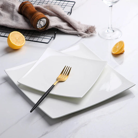 White square bone-china-style plate for steak, main courses and desserts