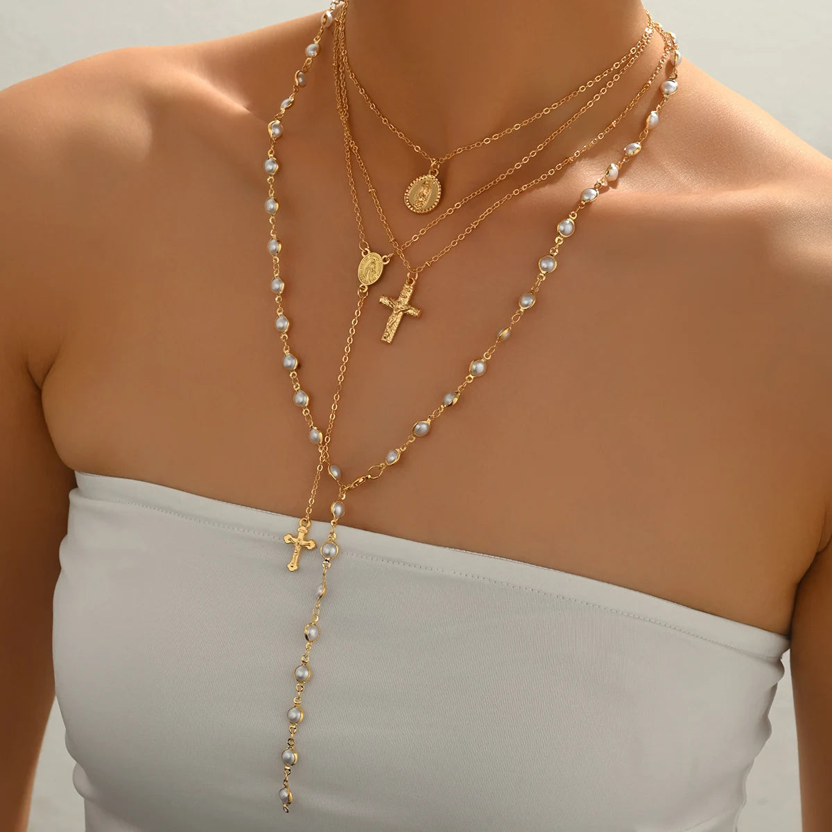 Layered Rosary Cross Necklace Vintage Gold Silver Mary Pendant Pearl Beaded Y Lariat Jewelry Gift for Women