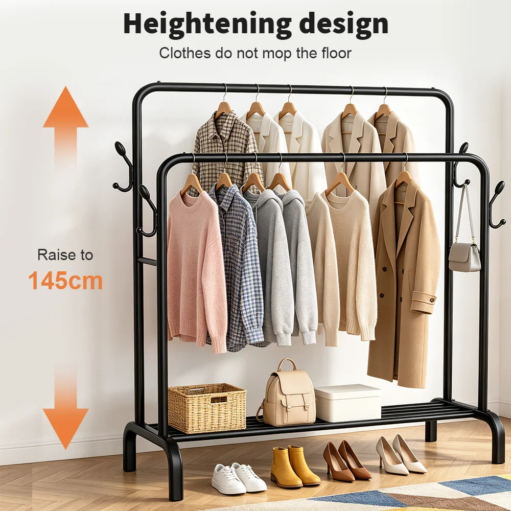 Heavy Duty Rolling Clothes Rack Metal Coat Hanger Stand Floor-Standing Bedroom Clothes Shelf Simple Rod Shoes Storage Organizer