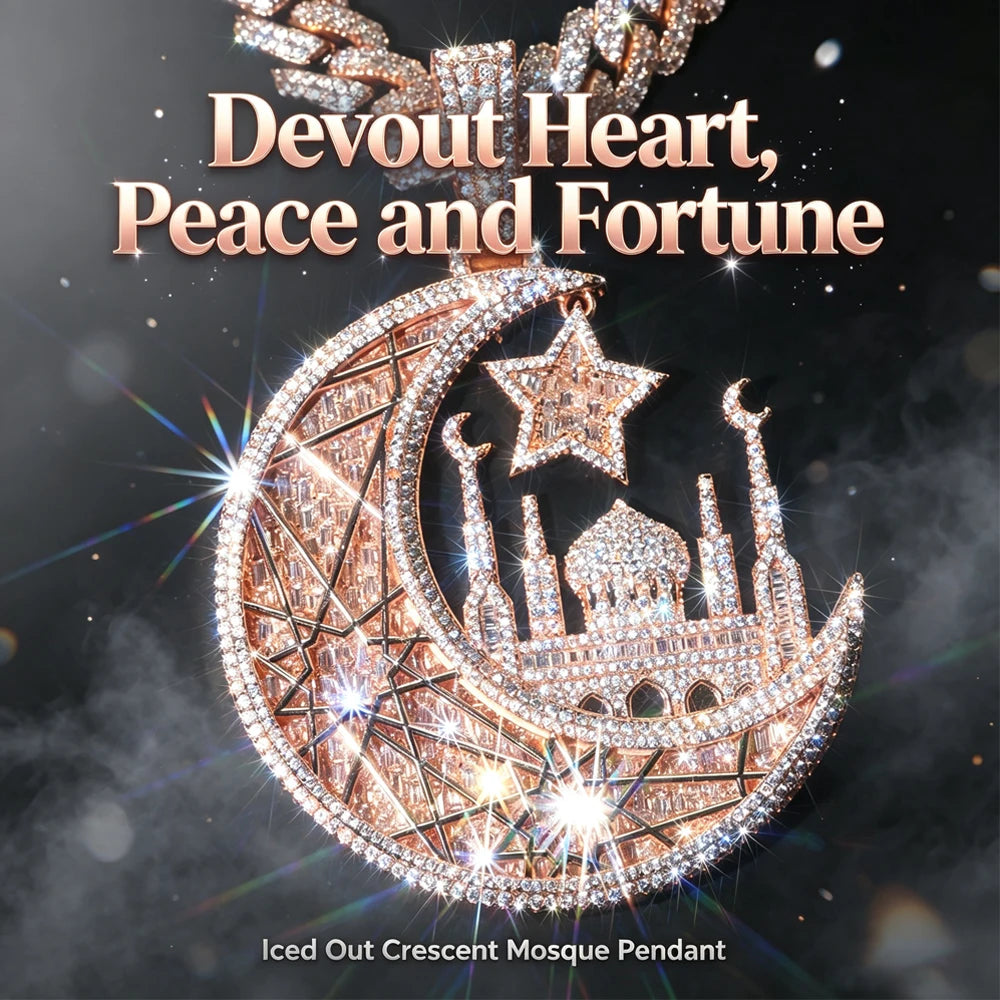 Iced Crescent Mosque Star Pendant Men Hip Hop Charm 18K Rose Gold Plated Full Paved CZ Bling Jewelry Islamic Muslim Religious Moon Cuban Link Chain Accessories Shiny Faith Statement For Rappers Club Urban Street Daily Fashion