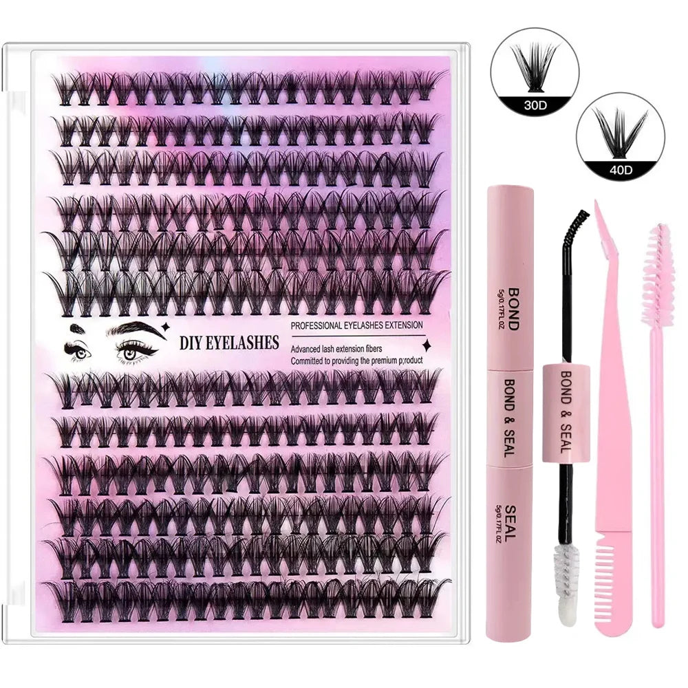 240 Eyelash Cluster D Curling Mascara Set 30D40D 10-16mm Hybrid Lash Cluster with Lash Adhesive, Sealant and Lash Application To