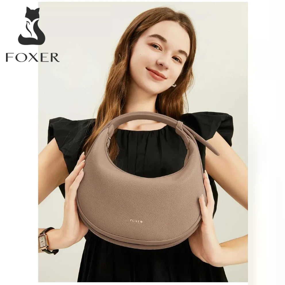 FOXER Brand PU Leather Women's Shoulder Bag Fashion Female Underarm Hobo Bag Crescent Half-moon Bag Travel Small Crossbody Bag