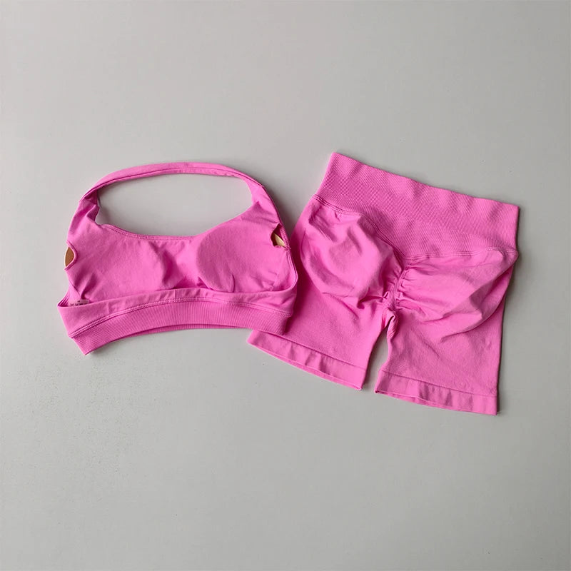 Sexy Halter Neck Beautiful Back High Waist Peach Sports Bras Shorts Suit Pilates Gathering Yoga Vest Training Fitness Bra Sets