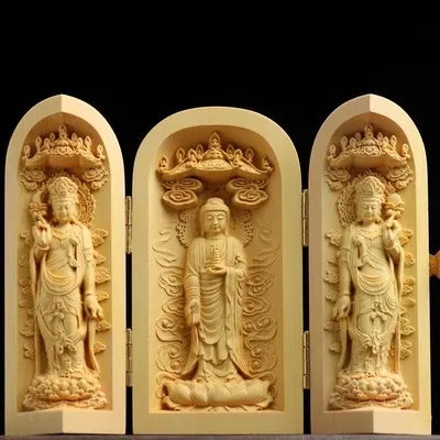 Solid Wood Carving Three Open Buddha Statue, Collapsible Sculpture, Living Room and Bedroom Decoration, Modern Art