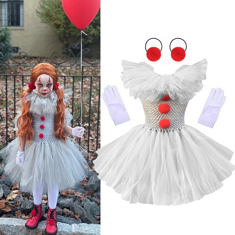 Halloween Grey Joker Costume for Kids Clown Cosplay Carnival Party Clothes Gray Children Girls Fancy Tulle Tutu Dresses