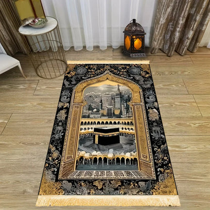VIKAMA Black Gold Mecca Sky House Worship Carpet Retro Prayer Carpet Eid al Fitr Portable Prayer Mat Mosque Prayer Carpet