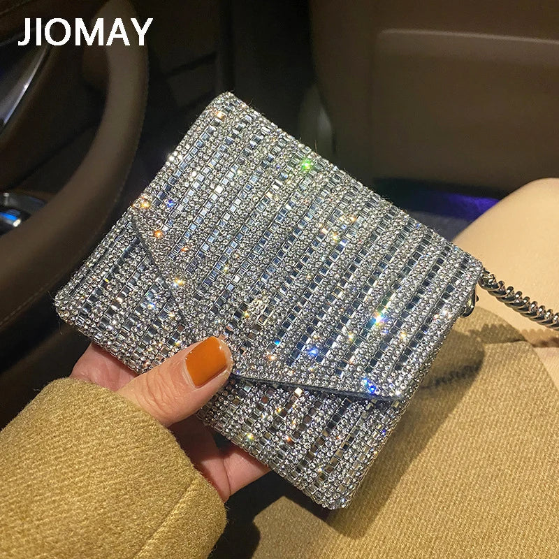 JIOMAY New Rhinestone Bag for Women Shiny Mini Silver Clutch Bag Girls Chain Crossbody Bag Wholesals Items For Small Business