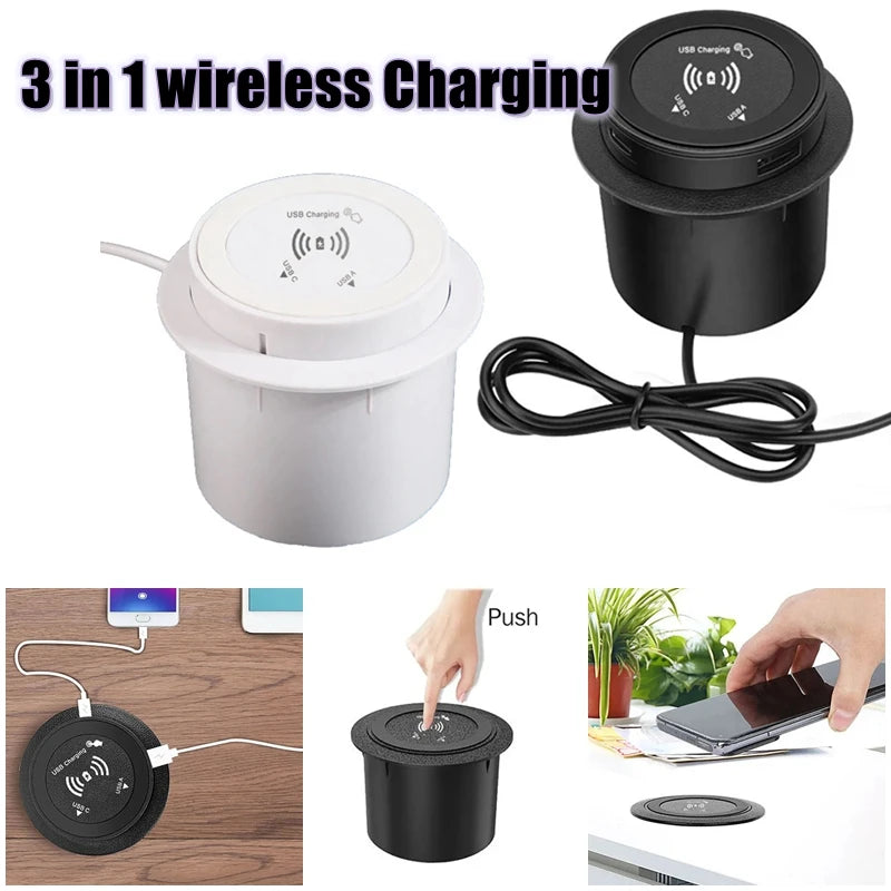Multifunctional 3-in-1 30W Fast Wireless Charger Pop-up Desktop Embedded Quick Wireless Charger With USB Port For Smartphone