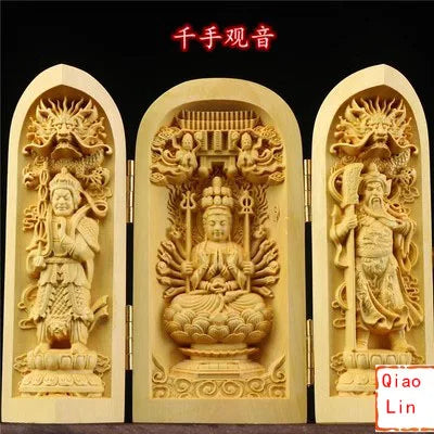 Solid Wood Carving Three Open Buddha Statue, Collapsible Sculpture, Living Room and Bedroom Decoration, Modern Art