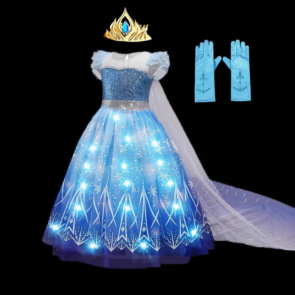 Halloween Girl Elsa Role Playing Dress Light Up Halloween Frozen Carnival Apparel Girls Birthday Cosplay Princess Glowing Dress
