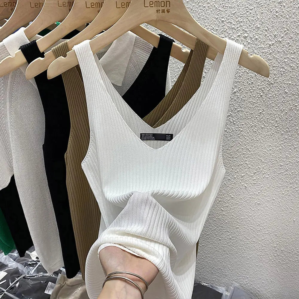 2026 Fashion Women Camisole Ice Silk Knit Tank Top Slim Fit Sleeveless Base Top Solid Color V-Neck Crop Top Casual Base Shirts