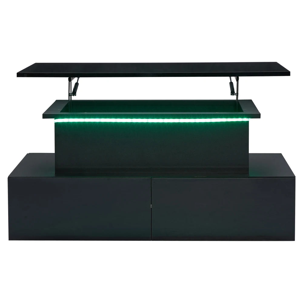 High‑Gloss Black Coffee Table 90×55×41cm, App‑Controlled RGB LED Light, Handle‑Less Click‑to‑Open Drawers, Silent‑Glide Extendable Top with Hidden Storage, Particle Board Multi‑Function Living Room Table Max L