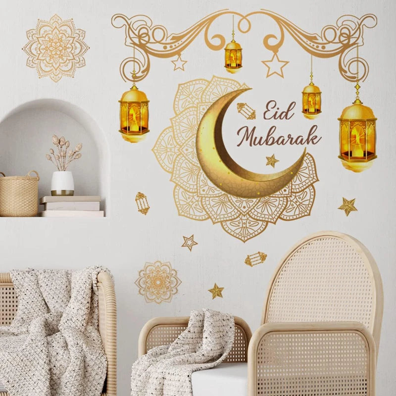 Eid Mubarak Wall Stickers Moon Star Lantern Ramadan Kareem Wall Decals Muslim Islamic Window Sticker Decorations for Home 2026