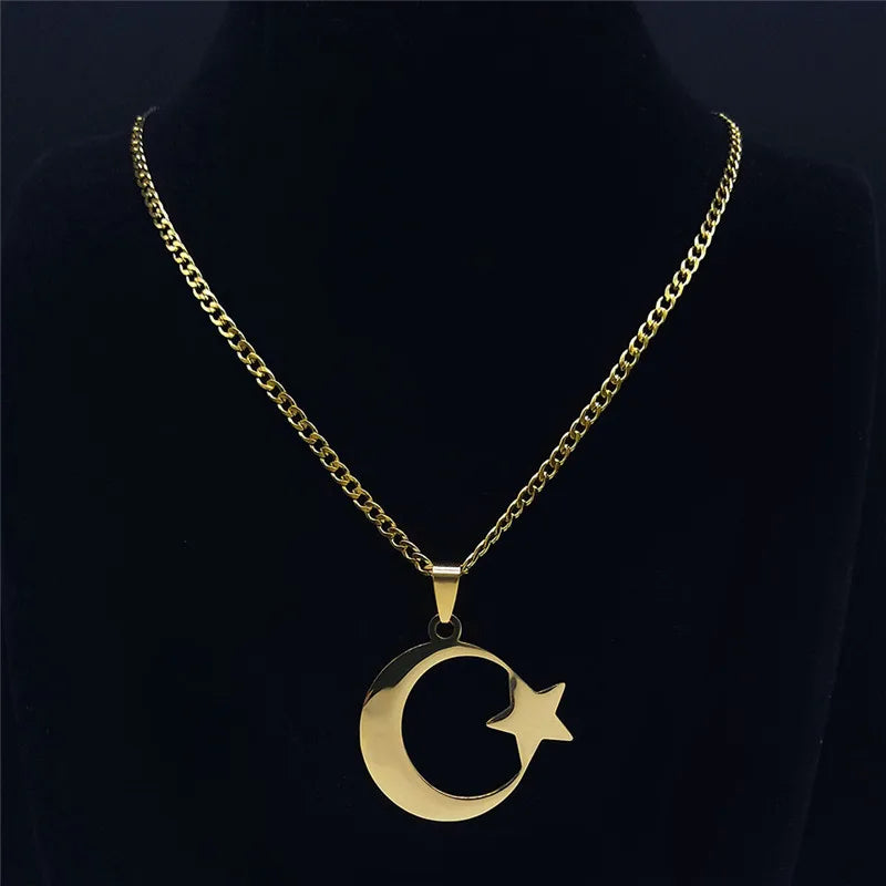 2026 Muslim Islam Moon Star Stainless Steel Chain Necklaces for Women Gold Color Necklace Jewelry Collares De Mujer N4811S05
