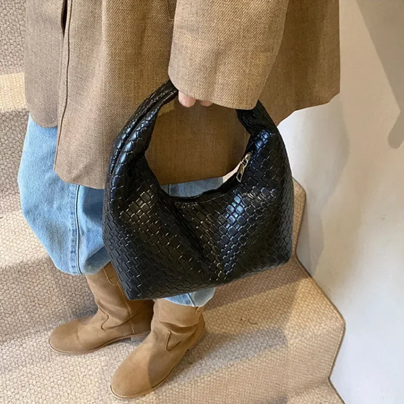 Retro Casual Versatile PU Leather Tote Bag,Fashion Woven Embossed Shoulder Bags ,Knotted Decorative Hobo Bag,Pleated Cloud Bag