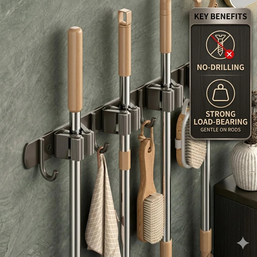 Stainless Steel Mop Broom Holder Wall Mounted No-Drilling Self Adhesive Heavy Duty Utility Storage Rack Garage Garden Organizer