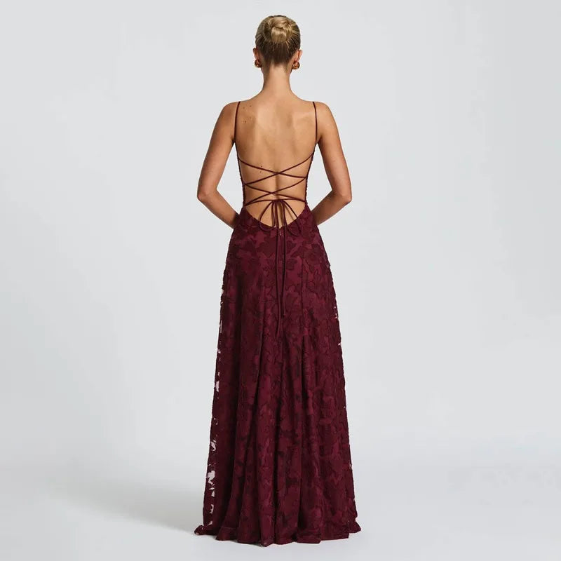 Elegant Jacquard Lace Spaghetti Straps Maxi Dress Backless Tie Square Neck Floor Length A Line Dress Evening Wedding Graduation