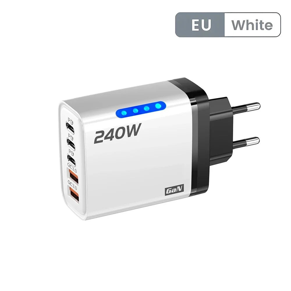 240W 5 in 1 USB C GaN Desktop Charger Fast Charge Phone Adapter 10A Type C Cable For iPhone Samsung Xiaomi EU/US/UK Plug Charger