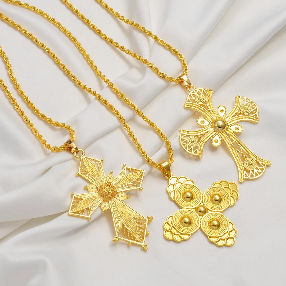 Anniyo Ethiopian Cross Pendant Necklaces for Women  Gold Color Habesha Eritrean African Ethnic Traditional Jewelry #346106