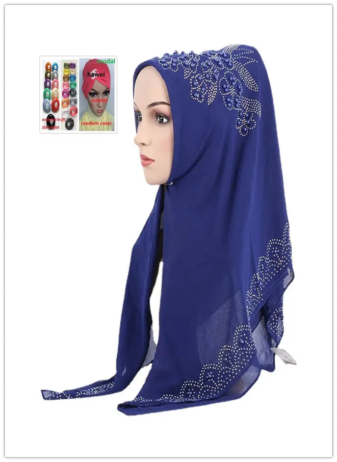 Muslim Square Scarf Women Fashion Rhinestone Hijab Arab Headwrap Turban Headband Pearl Chiffon Islamic Headscarf  Free Pin