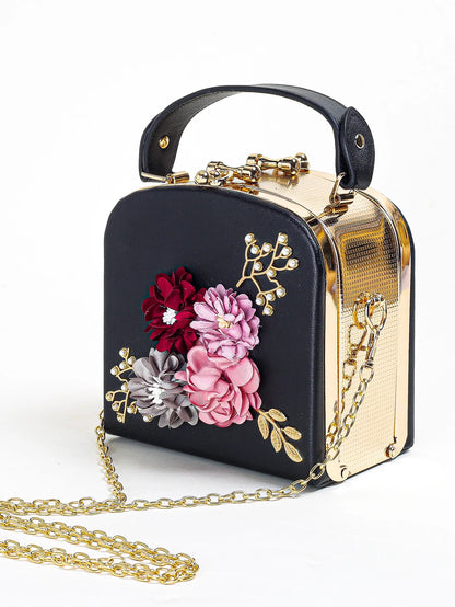 Women Trendy  Floral Decor Solid PU leather Clutch Bag，Faux Pearls Big Metal Frame Dinner Chain Boxy Bag