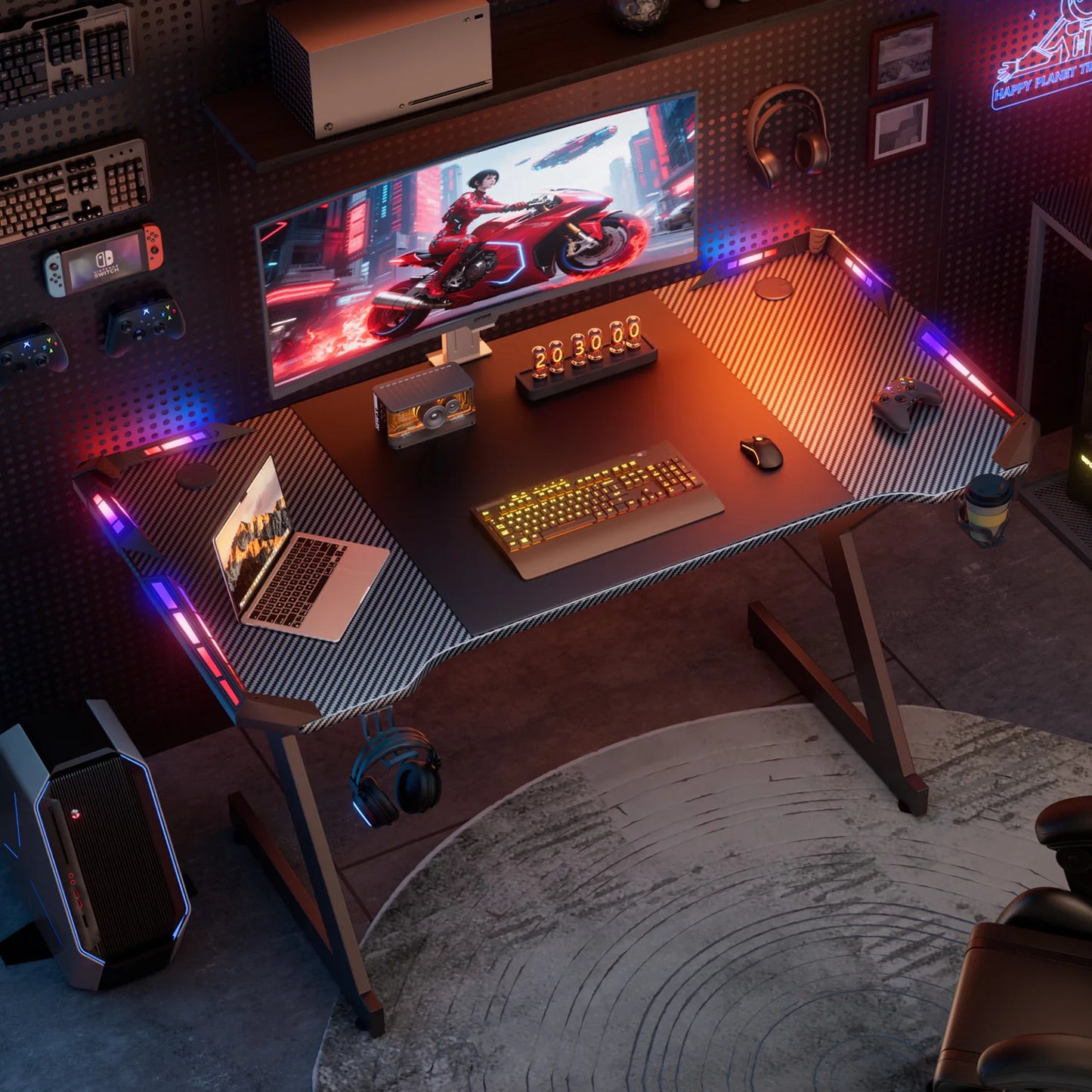 FRODROVIA Ergonomic Gaming Desk with RGB LED Lights Carbon-Fiber Surface PC Workstation Table with Headphone Hook And Cup Holder