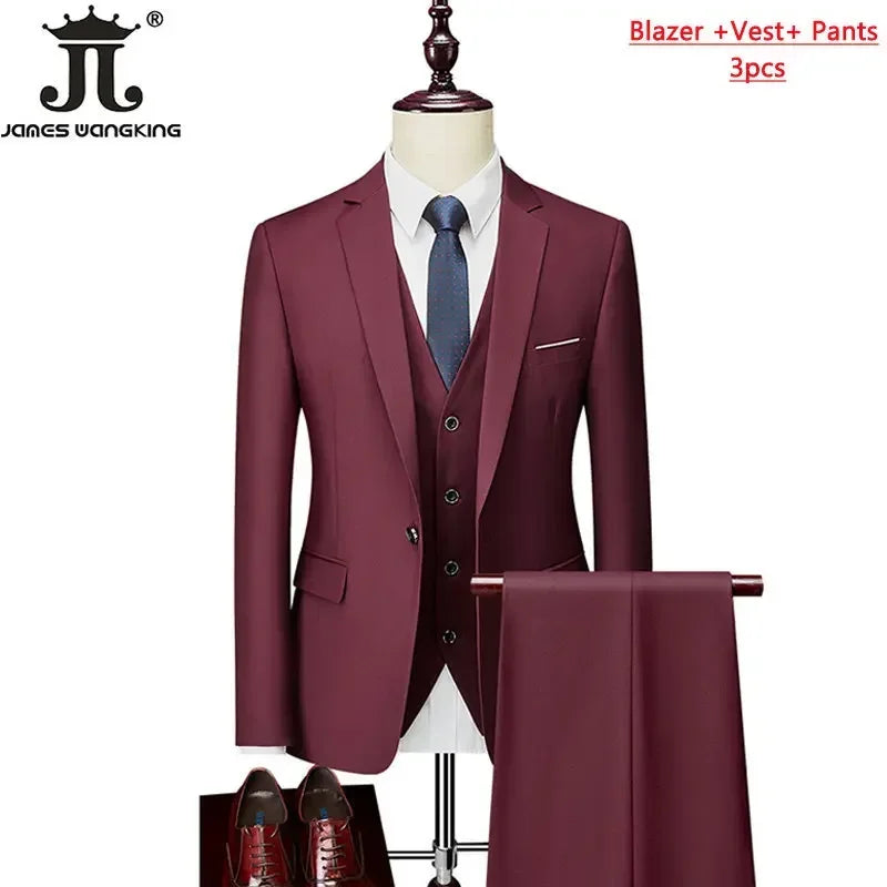 M-6XL 15 Colors ( Jacket+Vest+Pants ) Formal Business Office Men's Suits Groom Wedding Dress Party Dress Solid Color Suit