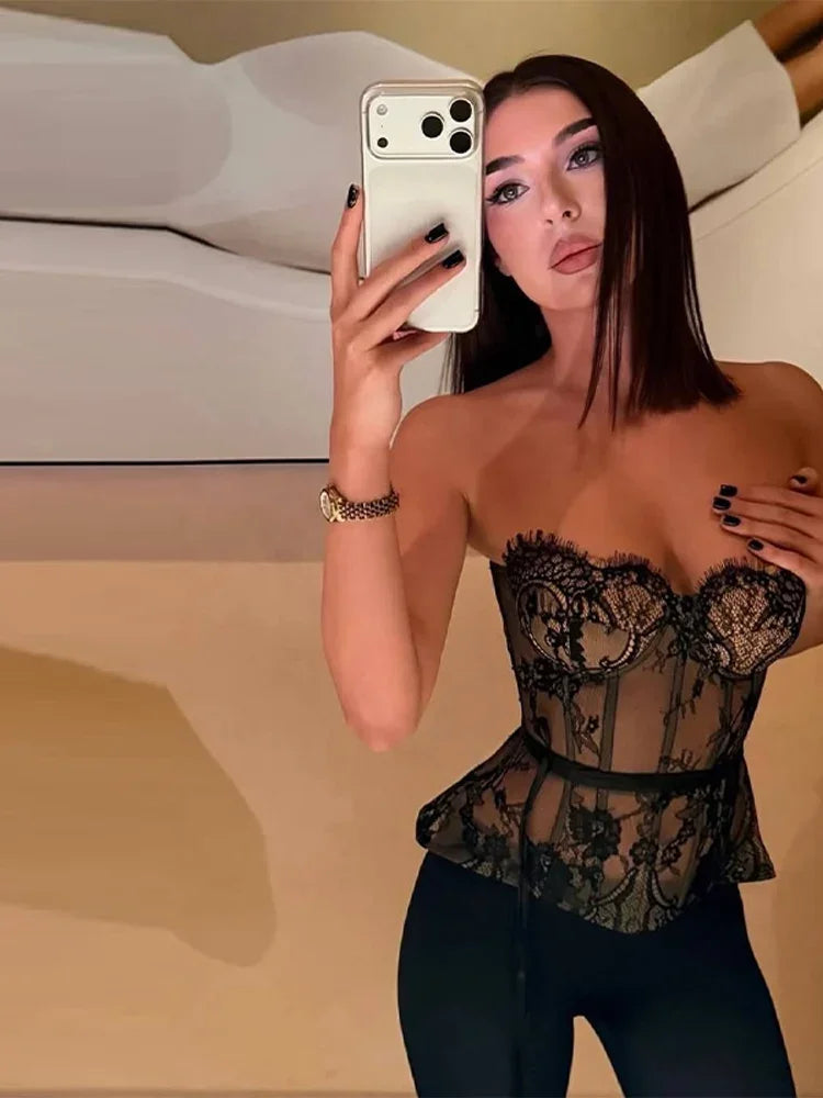 Women's Lace Patchwork Vest Sexy Bandage Strapless Backless Slash Neck Female Corset 2026 Summer Lady Beach Party Tops New