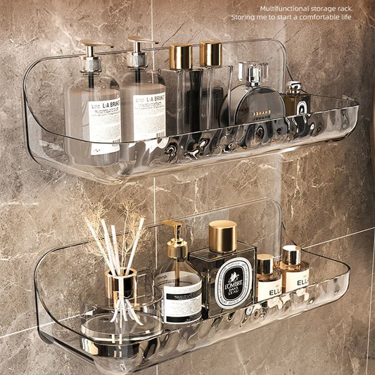 Wall-mounted bathroom shelf for shampoo, toiletries and cosmetics