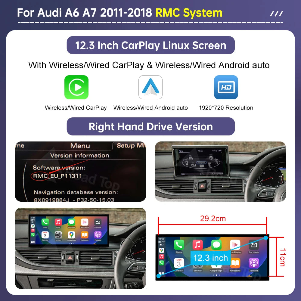 Road Top 12.3" Linux Screen For Audi A6 C6 A7 C7 2011-2018 with Wireless CarPlay Android Auto Airplay Car Radio Player