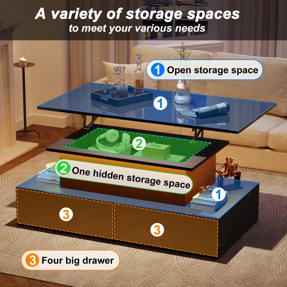High‑Gloss Black Coffee Table 90×55×41cm, App‑Controlled RGB LED Light, Handle‑Less Click‑to‑Open Drawers, Silent‑Glide Extendable Top with Hidden Storage, Particle Board Multi‑Function Living Room Table Max L