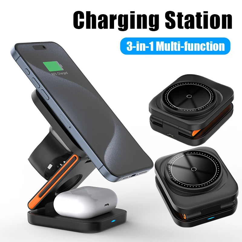 3 in 1 Foldable Charging Station Fast Magnetic Wireless Charger Stand for iPhone 17 16 15 14 13 12 Apple Watch 8 7 6 Airpods Pro