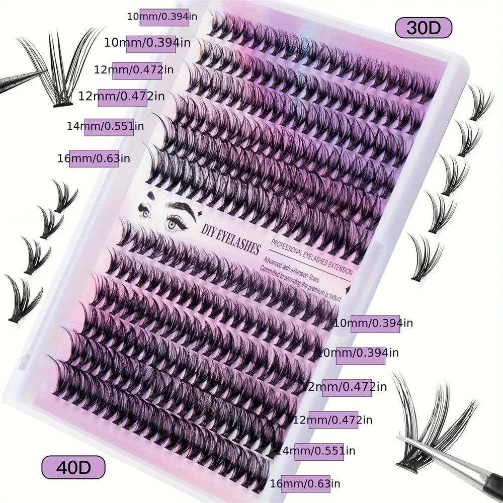 240 Eyelash Cluster D Curling Mascara Set 30D40D 10-16mm Hybrid Lash Cluster with Lash Adhesive, Sealant and Lash Application To