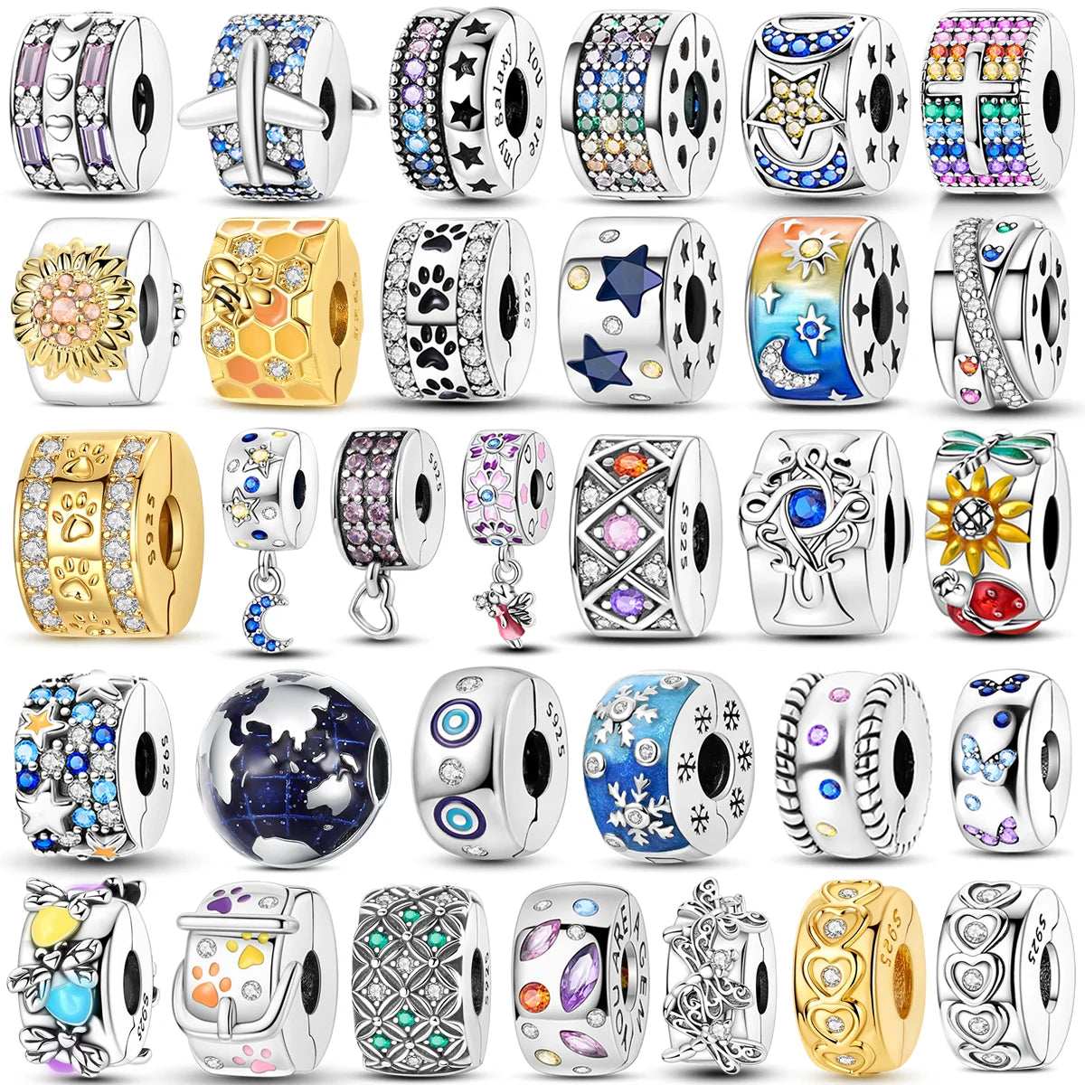 Silver Clasp 925 Sterling Silver CZ Pave Clip Charms Daisy Beads Stopper Safety Chain Fit Original Bangle Bracelet Jewelry Clips