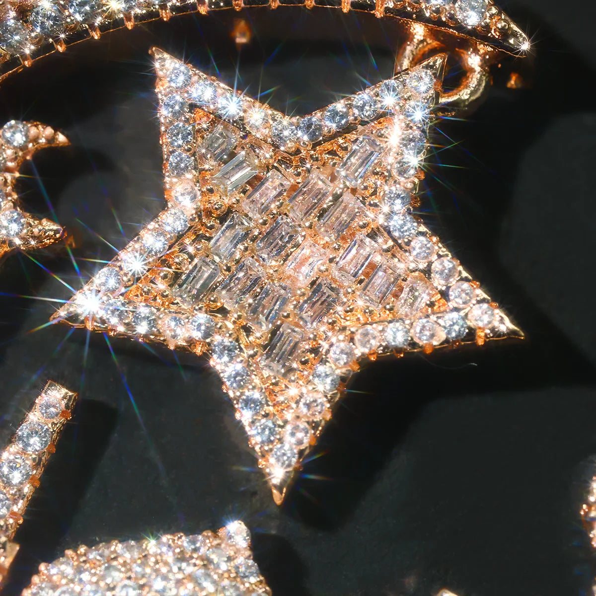 Iced Crescent Mosque Star Pendant Men Hip Hop Charm 18K Rose Gold Plated Full Paved CZ Bling Jewelry Islamic Muslim Religious Moon Cuban Link Chain Accessories Shiny Faith Statement For Rappers Club Urban Street Daily Fashion