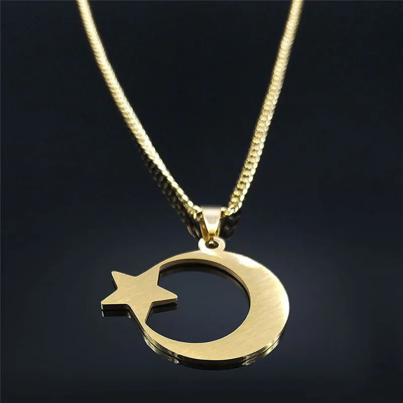 2026 Muslim Islam Moon Star Stainless Steel Chain Necklaces for Women Gold Color Necklace Jewelry Collares De Mujer N4811S05