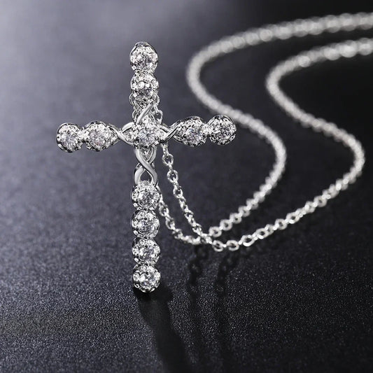 Fashion brand 925 Sterling Silver Necklace For Women Jewelry Blue crystal Exquisite cross Pendant birthday gifts Wedding party