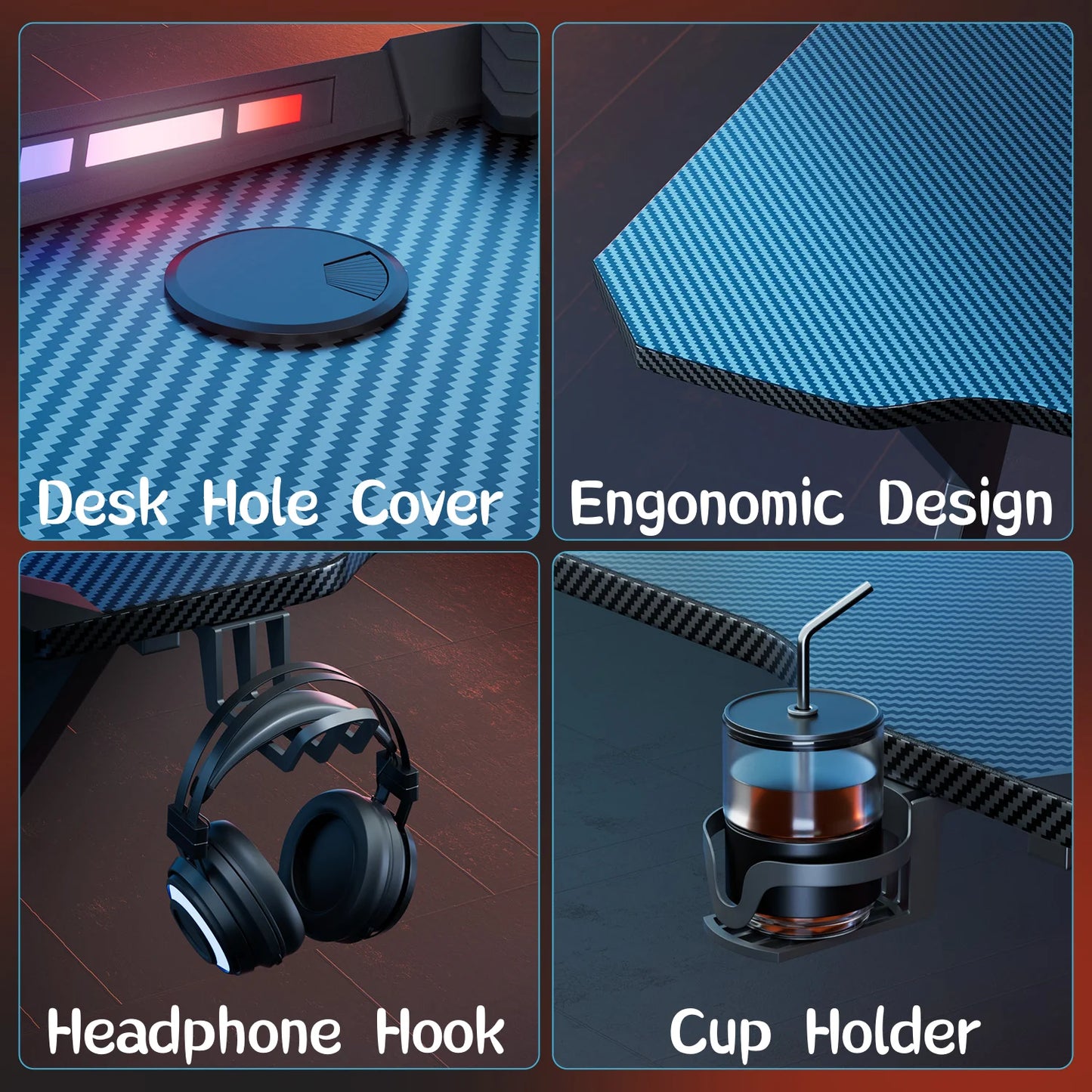 FRODROVIA Ergonomic Gaming Desk with RGB LED Lights Carbon-Fiber Surface PC Workstation Table with Headphone Hook And Cup Holder